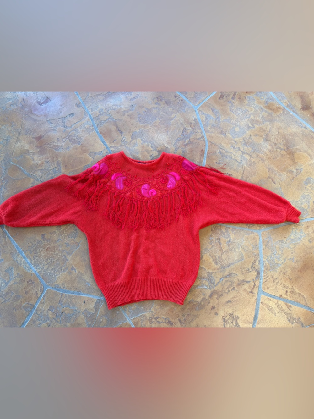 Vintage 20 ANS by Mariea Kim Red Pullover Sweater Fringe sequins Paisley  L